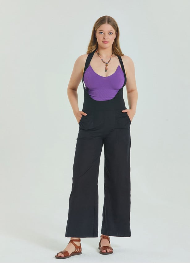 Zipper Detailed Pocket Black Womens Bohemian Jumpsuit 4674
